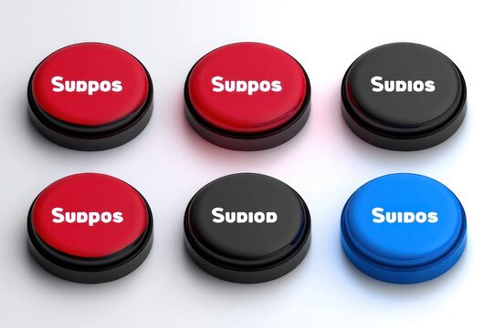 six glossy round press buttons with white text in red, black and blue arranged in two rows on a white surface, studio lighting and playful modern vibe