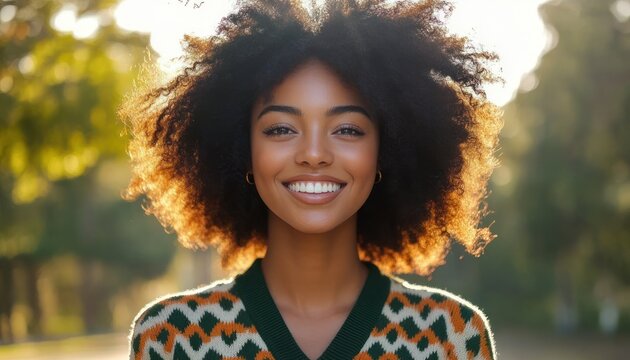 Backlit person with voluminous curly afro, face intentionally blurred, wearing green and orange patterned sweater in a sunlit park with a warm, serene golden-hour mood