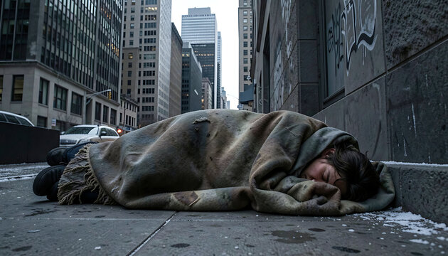 Homeless man sleeping on city sidewalk covered with gray blanket in urban poverty scene PNG, 4K, HD Image