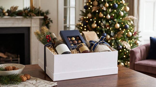 Luxury Christmas gift hamper with gourmet food and wine in a festive home living room.