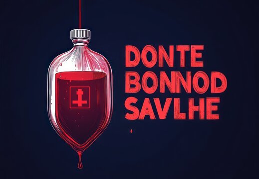 hanging intravenous blood bag with red medical cross, single drop and dripping tube beside bold distressed red block lettering, ominous urgent mood