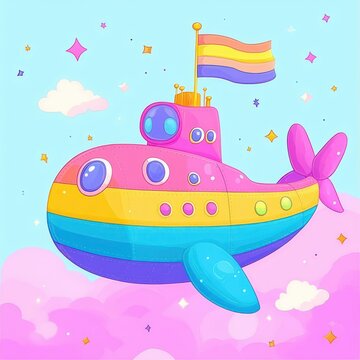 playful rainbow submarine with portholes, periscope tower and propeller tail flying through pink clouds and sparkling stars under a bright blue sky, dreamy and joyful