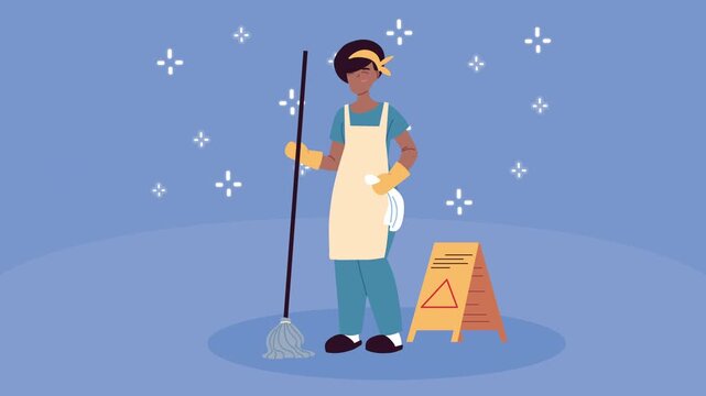 Flat design animation of smiling woman janitor standing with mop and wet floor sign against blue background.