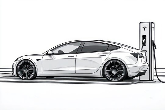sleek white electric sedan plugged into a charging station on a clean minimalist background, calm futuristic mood