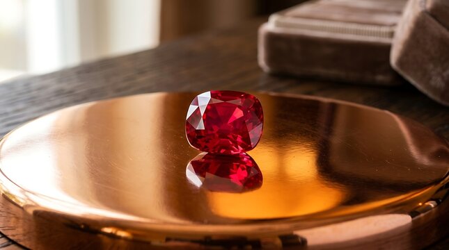 Faceted red ruby gemstone resting on a polished copper surface