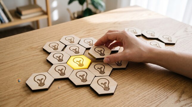 Hand placing wooden hexagonal tile with light bulb icon among others, one glowing yellow representing bright idea, innovation, creative thinking, problem solving solution