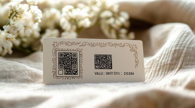 Elegant decorative card with two QR codes on soft beige linen beside white flowers, warm cozy calm atmosphere