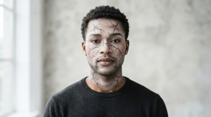 Obraz premium Cracked Reflection: A man with intricate crack-like patterns on his face gazes directly at the viewer, an enigmatic expression hinting at hidden stories and inner turmoil.