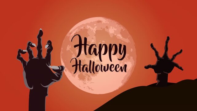 Spooky zombie hands rise from ground near big moon with happy halloween text animation.