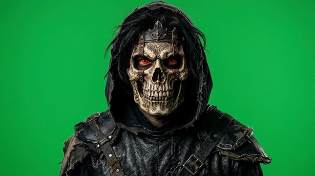 Undead Dark Fantasy Warrior with Skull Mask and Glowing Red Eyes Isolated on Green Screen Background