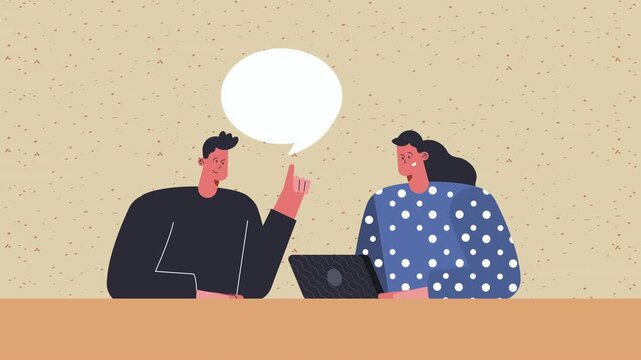 Flat design animation of coworkers talking and working together on laptop at office desk with speech bubble.