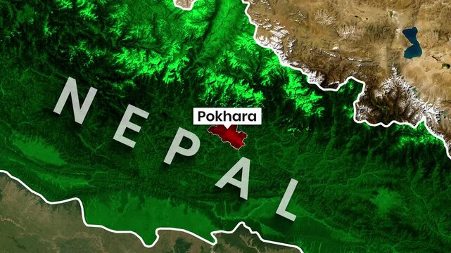 Animated map highlighting Pokhara city within nepal geography footage