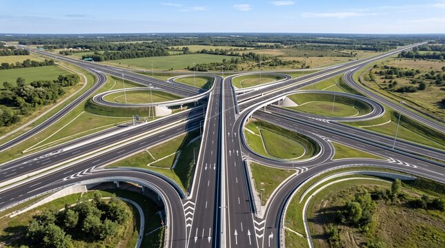Expansive highway interchange viewed from above showcasing complex road networks and surrounding green landscape