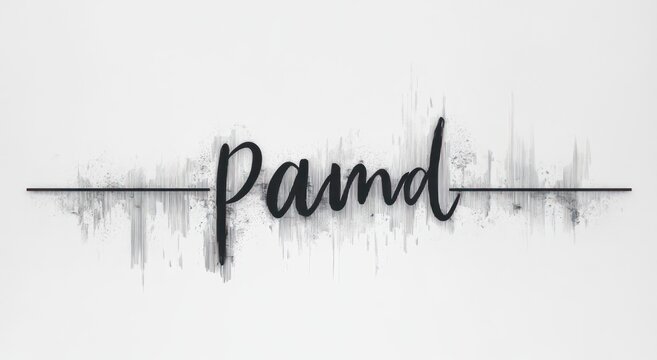 handwritten black script reading 'pamd' centered over a thin horizontal line with gray vertical audio waveform bars behind on a white minimalist background, calm modern elegant mood