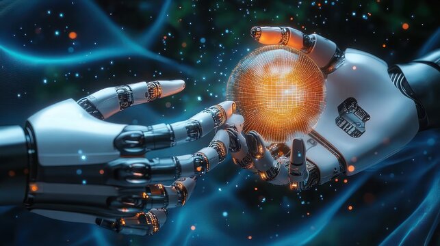 Two metallic robotic hands reaching for and cradling a glowing orange digital sphere amid blue energy streams, evoking awe, curiosity, and a futuristic sense of connection