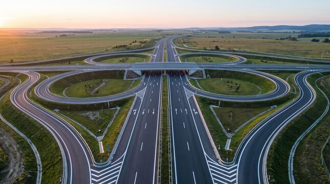 Aerial view of a modern highway interchange with cloverleaf ramps during sunset