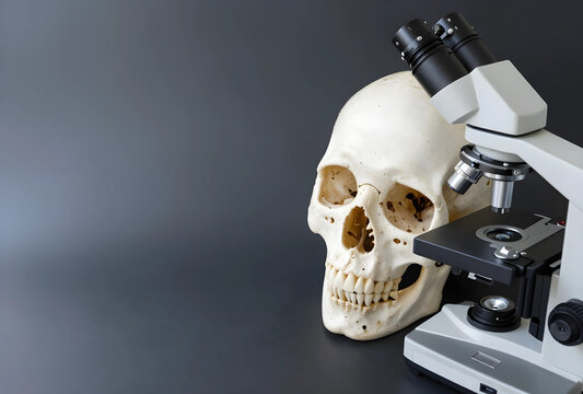 Pathology and medical research human skull with laboratory microscope for forensic science anatomy study and disease investigation on dark background
