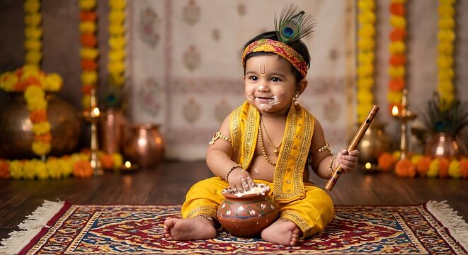 Cute baby boy dressed as little Krishna with peacock feather and flute eating butter from clay pot. Janmashtami festival celebration. Indian religion and culture concept.