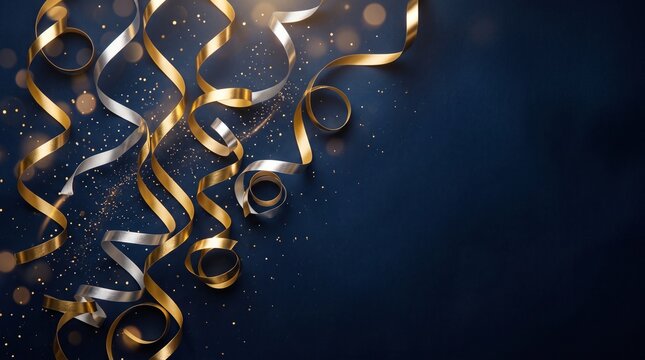 Gold and silver ribbons festive celebration party background design.