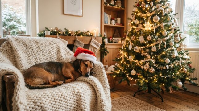 Christmas Dachshund Nap: A sleepy dachshund wearing a Santa hat dozes on a cozy armchair next to a beautifully decorated Christmas tree, evoking warmth and festive cheer.