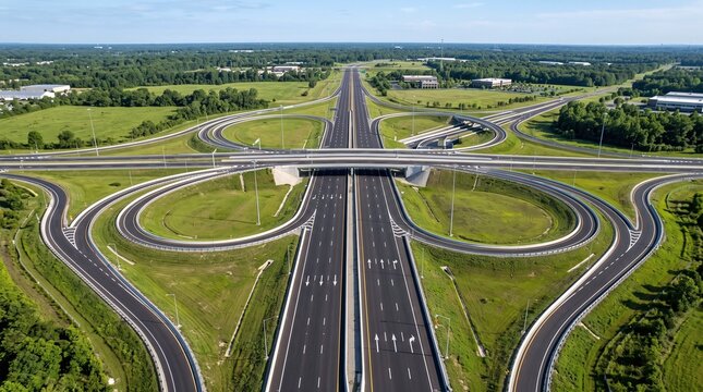 Aerial view of a complex highway interchange with multiple lanes and cloverleaf ramps