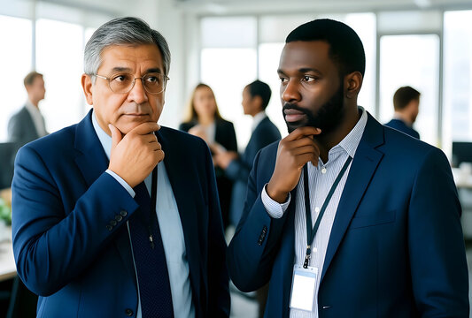 Corporate strategy and business decision, diverse professional men thinking with hand on chin in modern office environment during team collaboration meeting