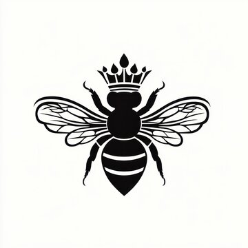 black bee silhouette with detailed veined wings, striped abdomen and decorative crown, emblematic and regal
