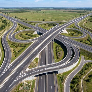 Aerial view of a complex highway interchange with multiple lanes and ramps surrounded by green fields
