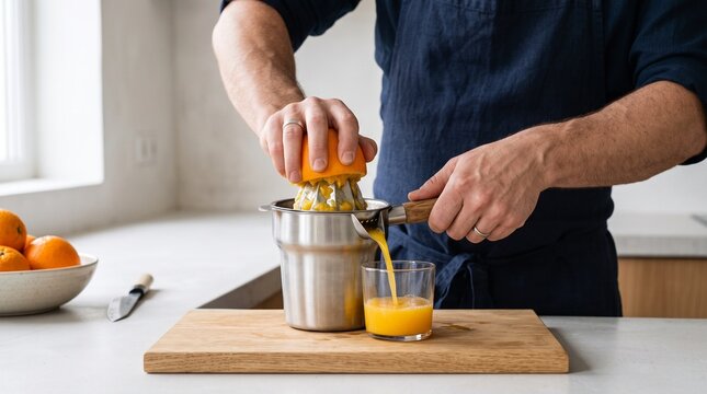 Chef squeezing fresh orange juice with a metal hand juicer in a bright modern kitchen