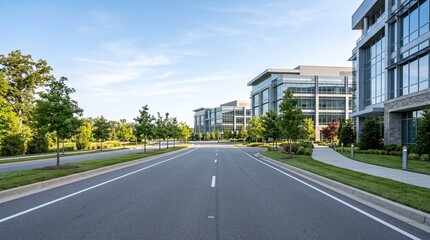 Fototapeta premium Modern glass office buildings line a paved road with surrounding green trees and manicured lawns