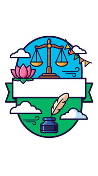 Modern Flat Vector Gandhi Jayanti Collection emblem with scales lotus and quill