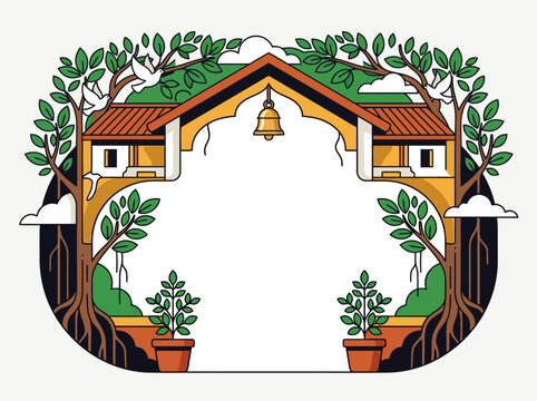 Modern flat vector Gandhi Jayanti collection doorway arch with plants and houses