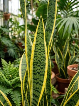 Vibrant Yellow Edged Snake Plant Leaves in Greenhouse Setting.