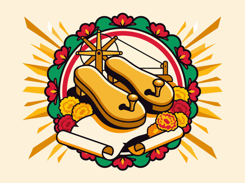 Modern Flat Vector Gandhi Jayanti Collection with sandals and scroll engraving