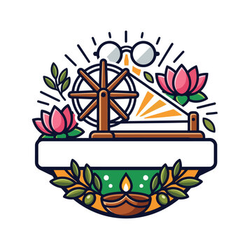 Flat vector emblem with spinning wheel lotus flowers and sun rays for Gandhi Jayanti collection