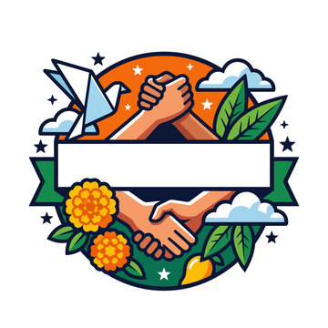 Modern flat vector emblem with hands unity circle banner and decorative elements