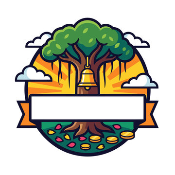 Round badge design with tree and sunburst banner for cultural collection