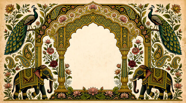 An ornate floral archway features peacocks and elephants in a detailed vector illustration ornament peacock elephant mughal design intricate