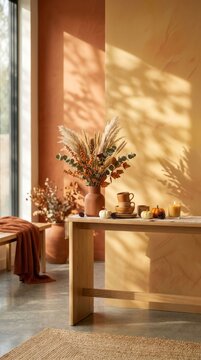 Warm Autumn Interior Design with Dried Flowers and Natural Light.