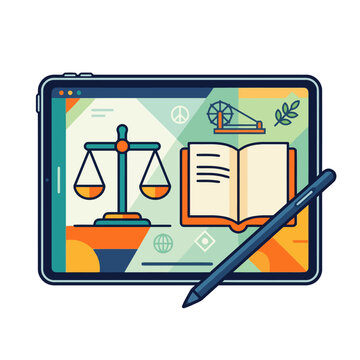 Flat vector illustration with scales book and pen on tablet themed justice and law