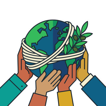 Global unity icon with hands lifting wrapped globe in flat vector style
