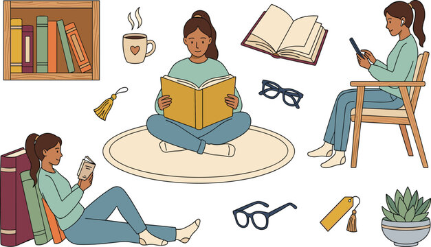 Cozy Book Lover and Reading Hobby Vector Icon Set with Female Characters Shelf Books Glasses Coffee Mug and Plant Elements