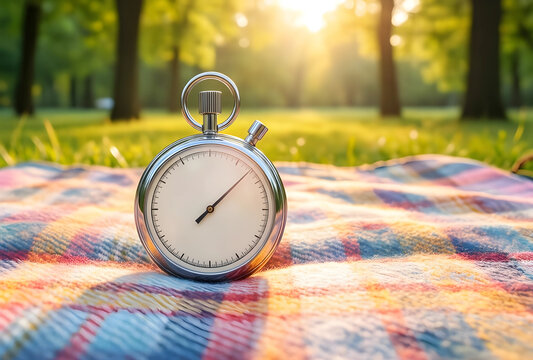 Time management and productivity, stopwatch on a picnic blanket in a park at sunset for work life balance and mindfulness in nature