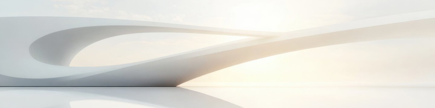 Smooth white curved architectural overpass with large circular opening, minimal concrete ribbons and soft sunlight creating a serene futuristic and airy atmosphere
