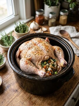 Whole Raw Chicken Prepared for Slow Cooking with Herbs and Vegetables.