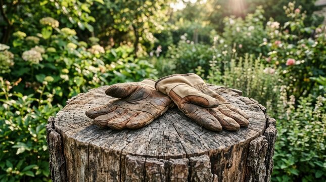 Weathered Gardening Gloves Resting on a Rustic Tree Stump in a Lush Garden.