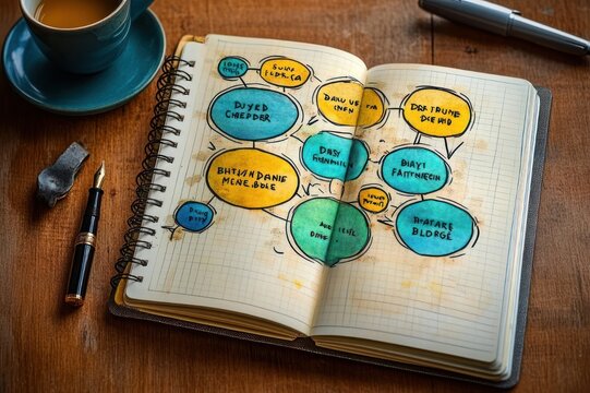open spiral notebook with colorful hand-drawn mind map, fountain pen, eraser and cup of tea on wooden table, cozy focused creative planning mood