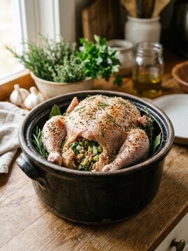 Whole Roasted Chicken Stuffed with Herbs and Vegetables in a Dutch Oven.