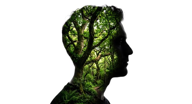 Man head silhouette with green forest double exposure. Harmony between human and nature, ecology and environment concept. Mindfulness and mental health. Nature connection thinking.