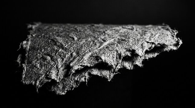 Macro black and white texture of torn fibrous recycled paper